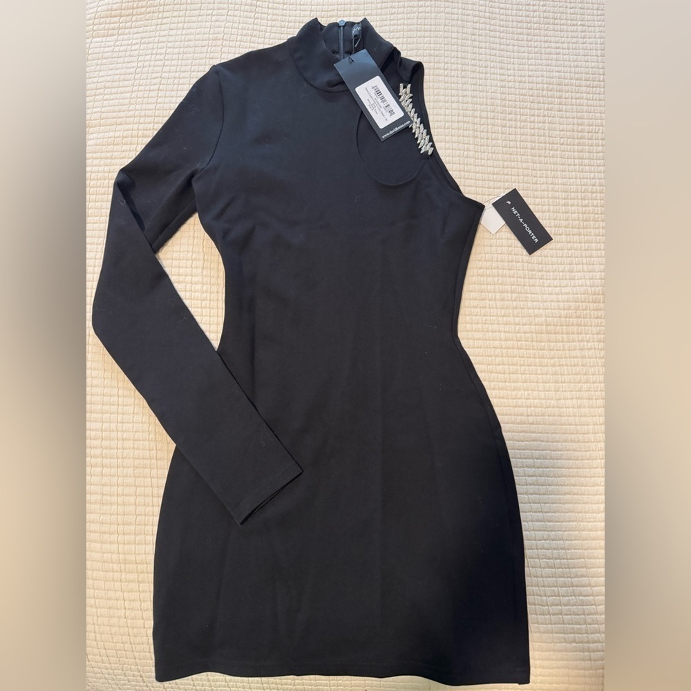 DAVID KOMA One Shoulder Crystal Chain Cut Out Black Dress Size UK8 US4 NWT - Picture 9 of 11